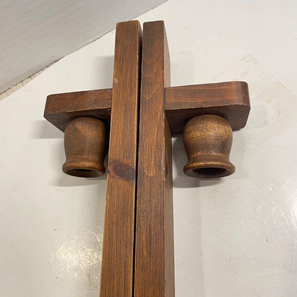 Vintage Wood Candle Wall Sconces Pair Rustic Decor 30”Tall Brown Wooden Holders - Picture 7 of 10